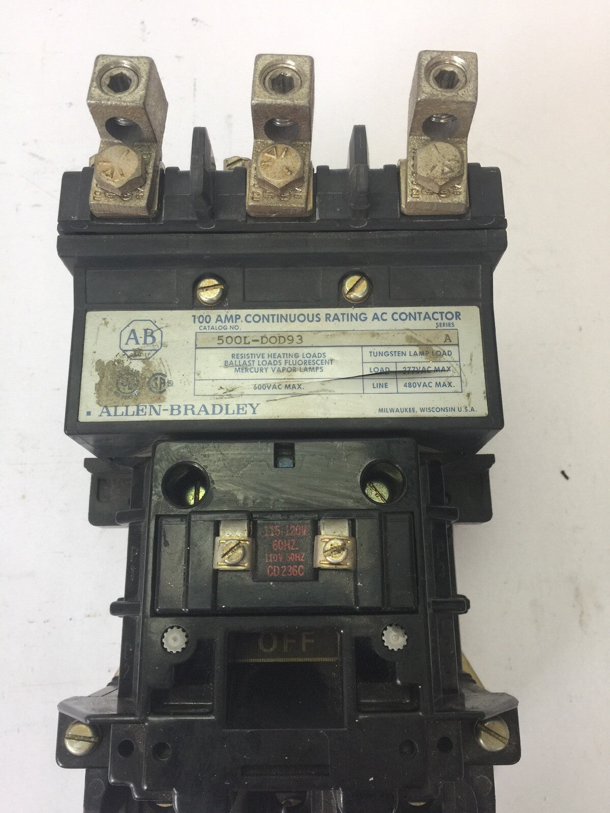 ALLEN BRADLEY 500L-D0D93 100 AMP CONTINUOUS RATING AC CONTACTOR 600VAC SERIES A