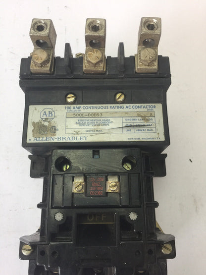 ALLEN BRADLEY 500L-D0D93 100 AMP CONTINUOUS RATING AC CONTACTOR 600VAC SERIES A