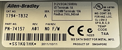 ALLEN BRADLEY 1794-TB32  SER A REV A01 F/W REV NO F/W TERMINAL BASE