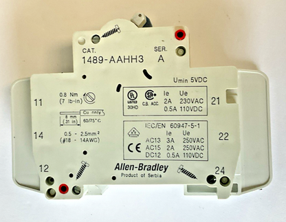 ALLEN BRADLEY 1489-A1D020 CIRCUIT BREAKER SER.A 10KA W/1489-AAHH3 ***LOTOF4***