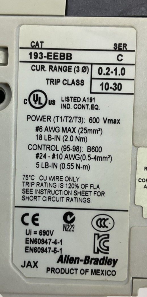 ALLEN BRADLEY STARTER (100-C16D*10 SER B COIL 24VDC + 193-EEBB 0.2-1.0A SER C)