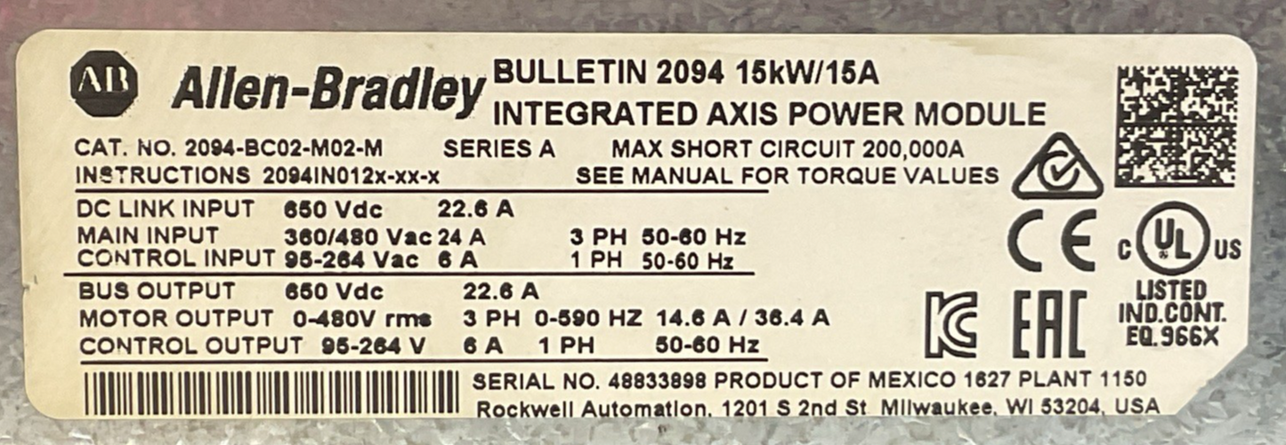 ALLEN BRADLEY 2094-BC02-M02-M INTEGRATED AXIS POWER MODULE 2094-SE02F-M00-S0