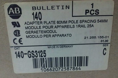 ALLEN BRADLEY 140-GS3125 CONTACTOR RELAY SWITCH,60MM 54MM,600V 25A W/ 140-S2-25