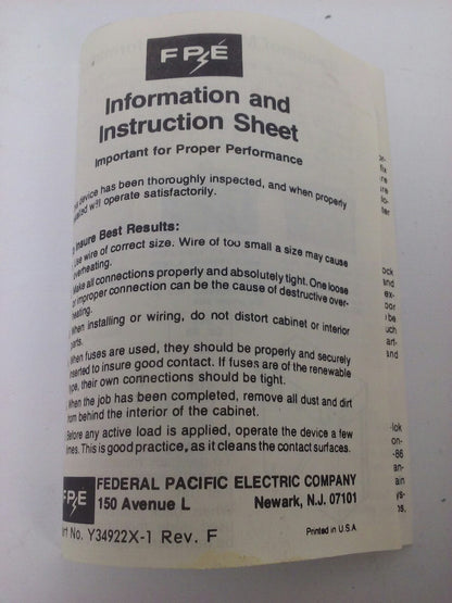 FPE 1132R FUSIBLE HEAVY DUTY SAFETY SWITCH 3P, 100A, 240VAC, 4 WIRE, 30HP