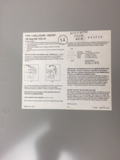 CHALLENGER HD363NFC HD SAFETY SWITCH 600VAC/DC 100AMP 75HP TYPE 1 ENCLOSURE