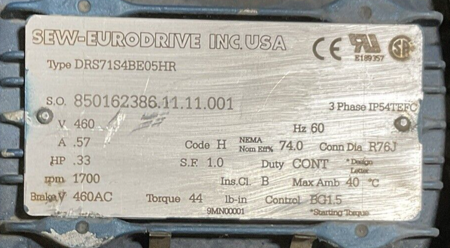 SEW-EURODRIVE DRS71S4BE05HR GEAR MOTOR HZ 60 rpm 1700 V 460 A 0.57 HP 0.33 3PH