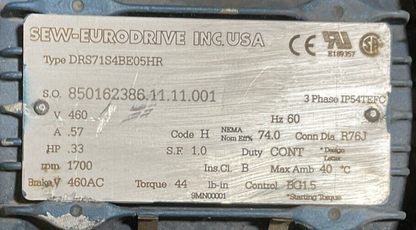 SEW-EURODRIVE DRS71S4BE05HR GEAR MOTOR HZ 60 rpm 1700 V 460 A 0.57 HP 0.33 3PH