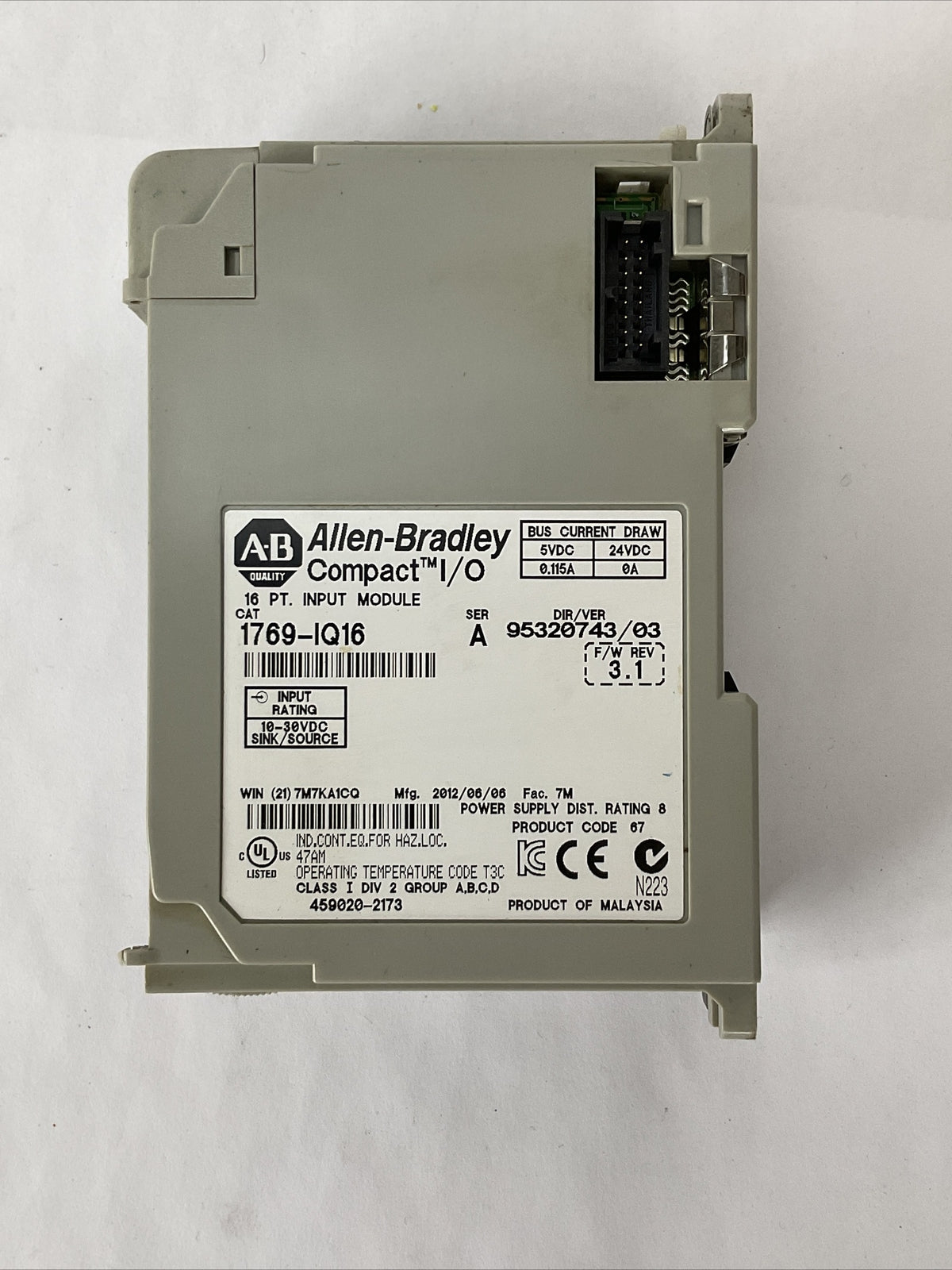 ALLEN BRADLEY 1769-IQ16 SER A F/W REV 3.1 DIR/VER 95320743/03 16PT INPUT MODULE
