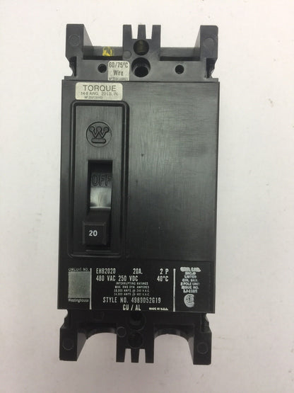 WESTINGHOUSE EHB2020 THERM MAG BREAKER 20AMP 480VAC 250 VDC 2POLE 4989D52G19