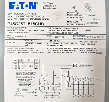 EATON P48G28T1518CUB MINI POWER CENTER PRIM.480V SEC.280Y/120 15KVA 60HZ REV.00