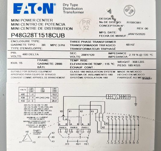 EATON P48G28T1518CUB MINI POWER CENTER PRIM.480V SEC.280Y/120 15KVA 60HZ REV.00