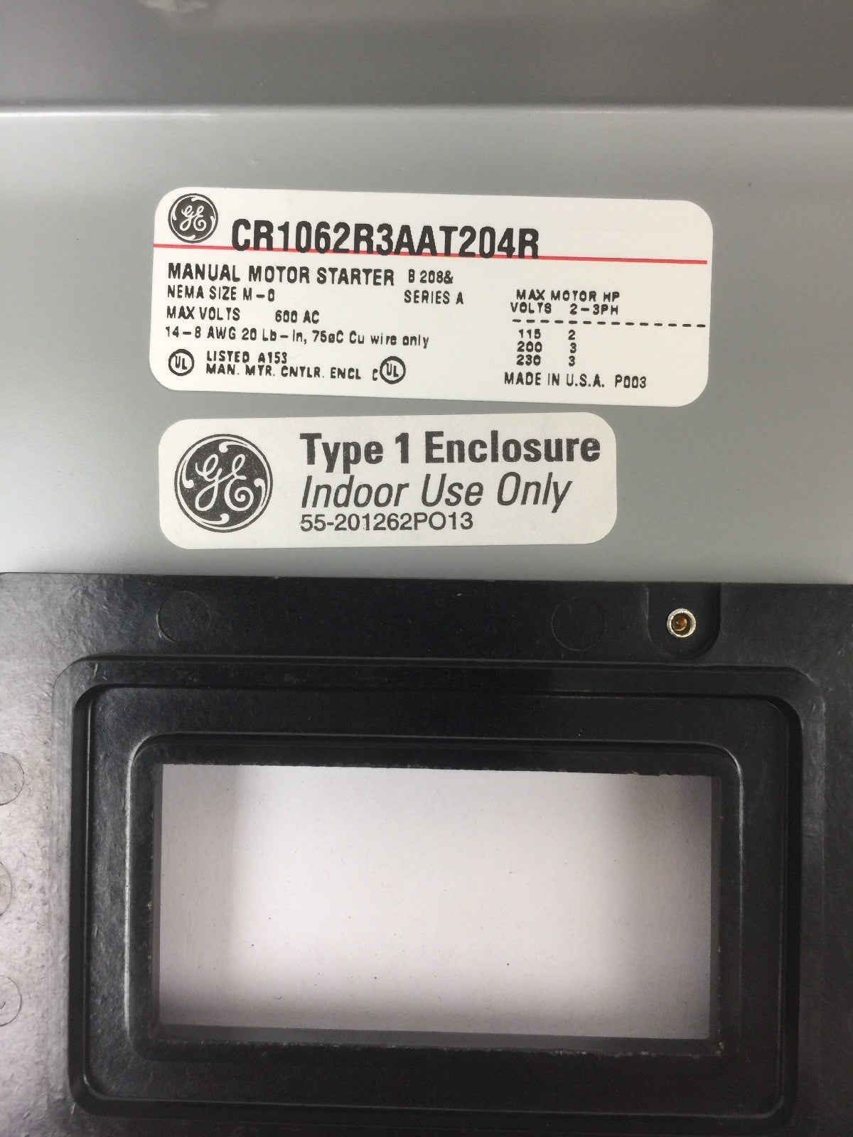 GE CR1062R3AAT204R MAN MOTOR STARTER NEMA SIZE M-0 3 POLES/OVERLOADS 480V 60HZ