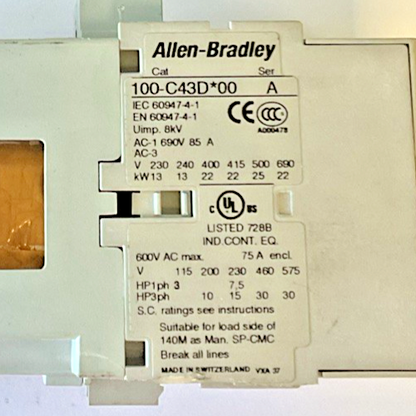 ALLEN BRADLEY 100-C43D*00 CONTACTOR SER.A 600VAC 75A