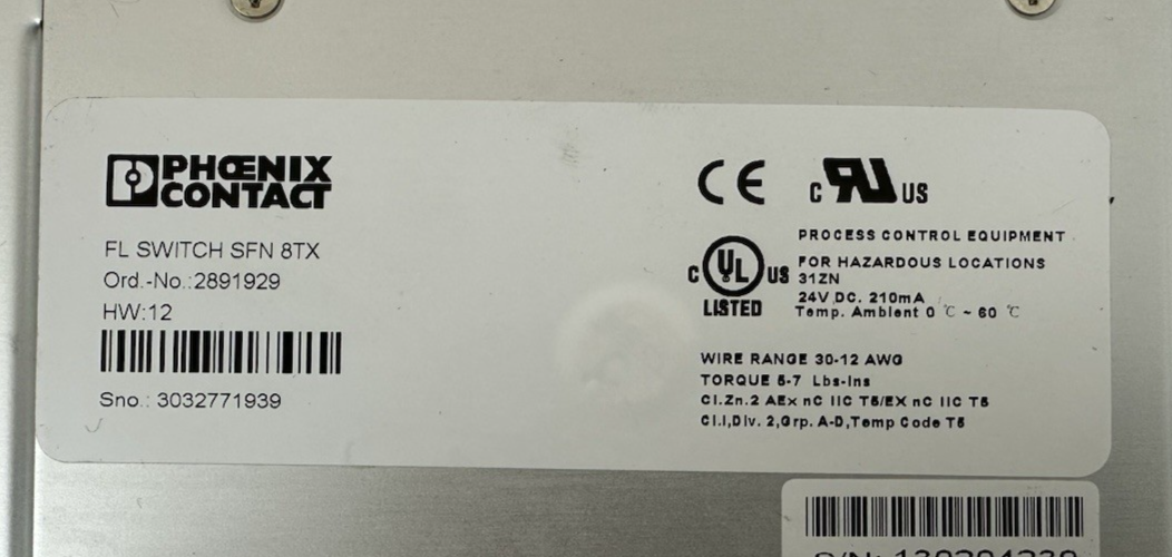 PHOENIX CONTACT FL SWITCH SFN 8TX 2891929 24VDC ETHERNET 8 PORT HW 12