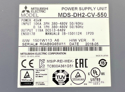 MITSUBISHI MDS-DH2-CV-550 SERVO DRIVE 45KW VER.H 480V 106A/119A 50/60HZ