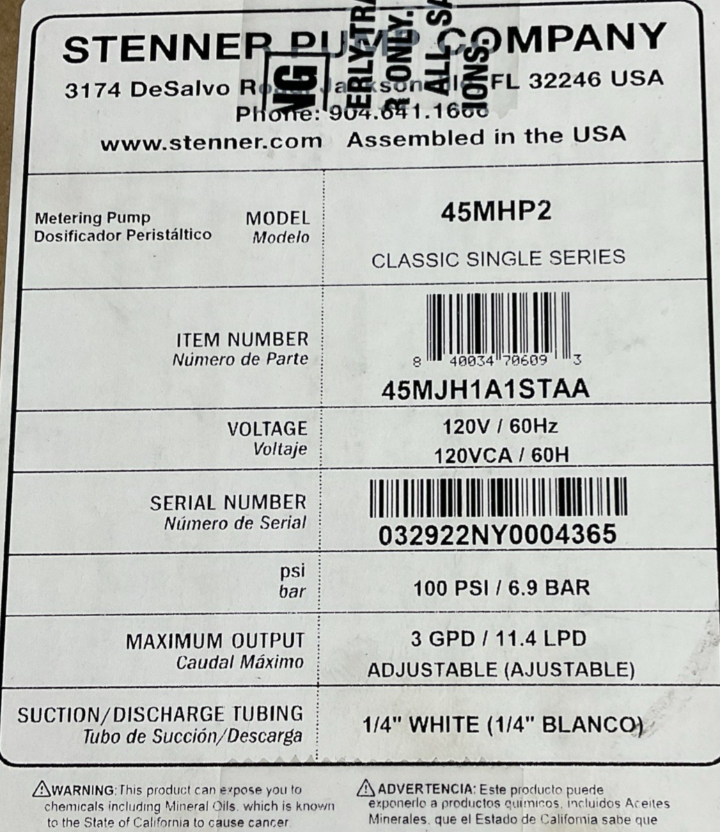 STENNER 45MHP2 METERING PUMP 100PSI/6.9BAR 120VAC/60HZ 1/4"