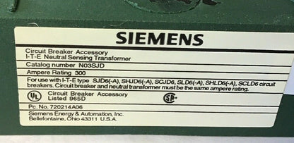 SIEMENS N03SJD NEUTRAL SENSING TRANSFORMER 600VAC 300AMPS
