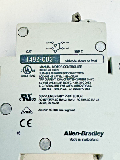 ALLEN-BRADLEY - 1492-CB2-G100 SER. C - MOTOR CONT. - 2P, 10 A, 277 V, 3 HP, 1 PH