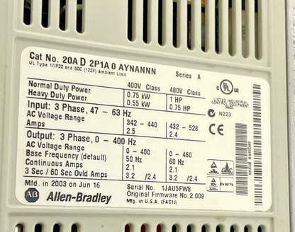 ALLEN BRADLEY 20AD2P1A0AYNANNN POWERFLEX AC DRIVE SER.A FRMW:2.009