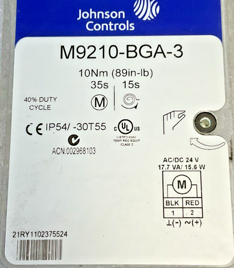 JOHNSON CONTROLS M9210-BGA-3 ROTARY ACTUATOR 24VAC/DC 15.6W 17.7VA