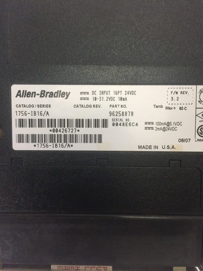 ALLEN BRADLEY 1756-IB16 DC INPUT 16PT 24VDC 10-31.2VDC 10mA SER A F/W REV. 3.2