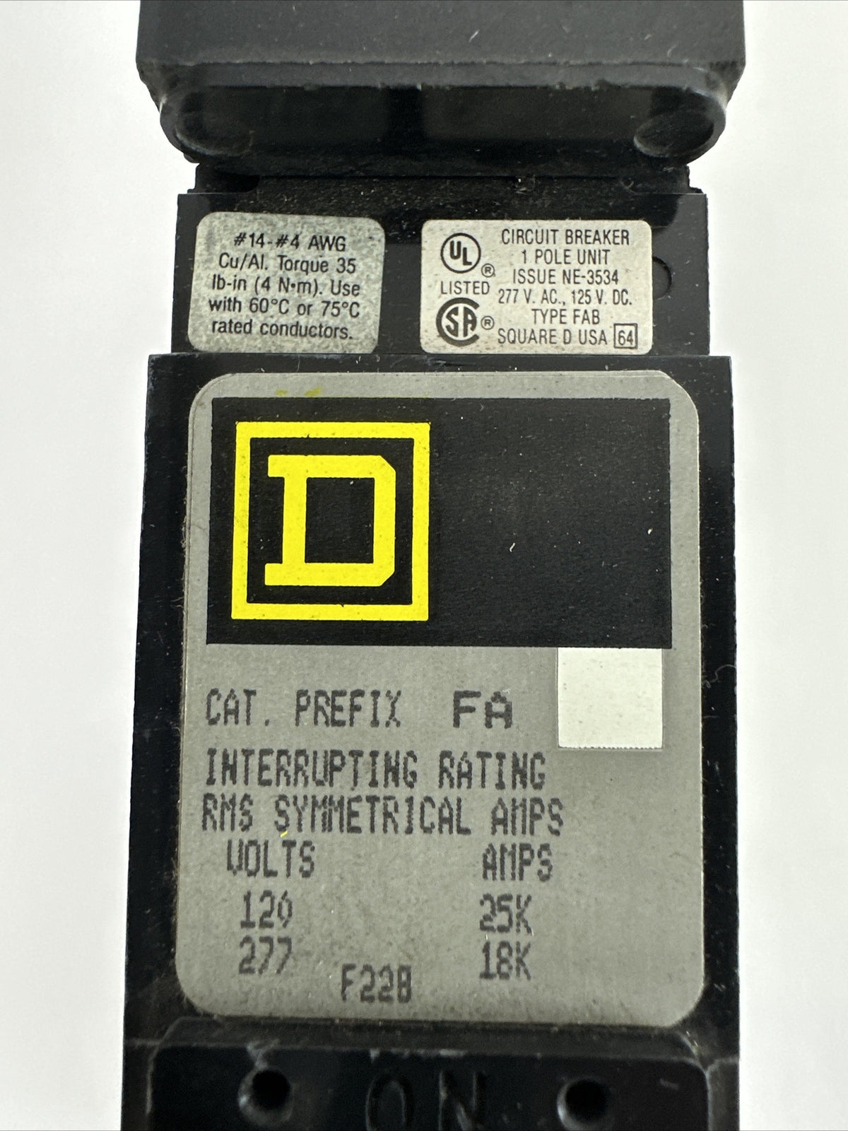 SQUARE D FAB14020A CIRCUIT BREAKER 20AMP 277VAC 125VDC 1POLE