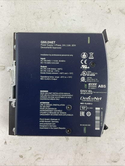 PULS QS5.DNET POWER SUPPLY OUTPUT 24VDC 3.8A INPUT 100-240VAC 110-300VDC