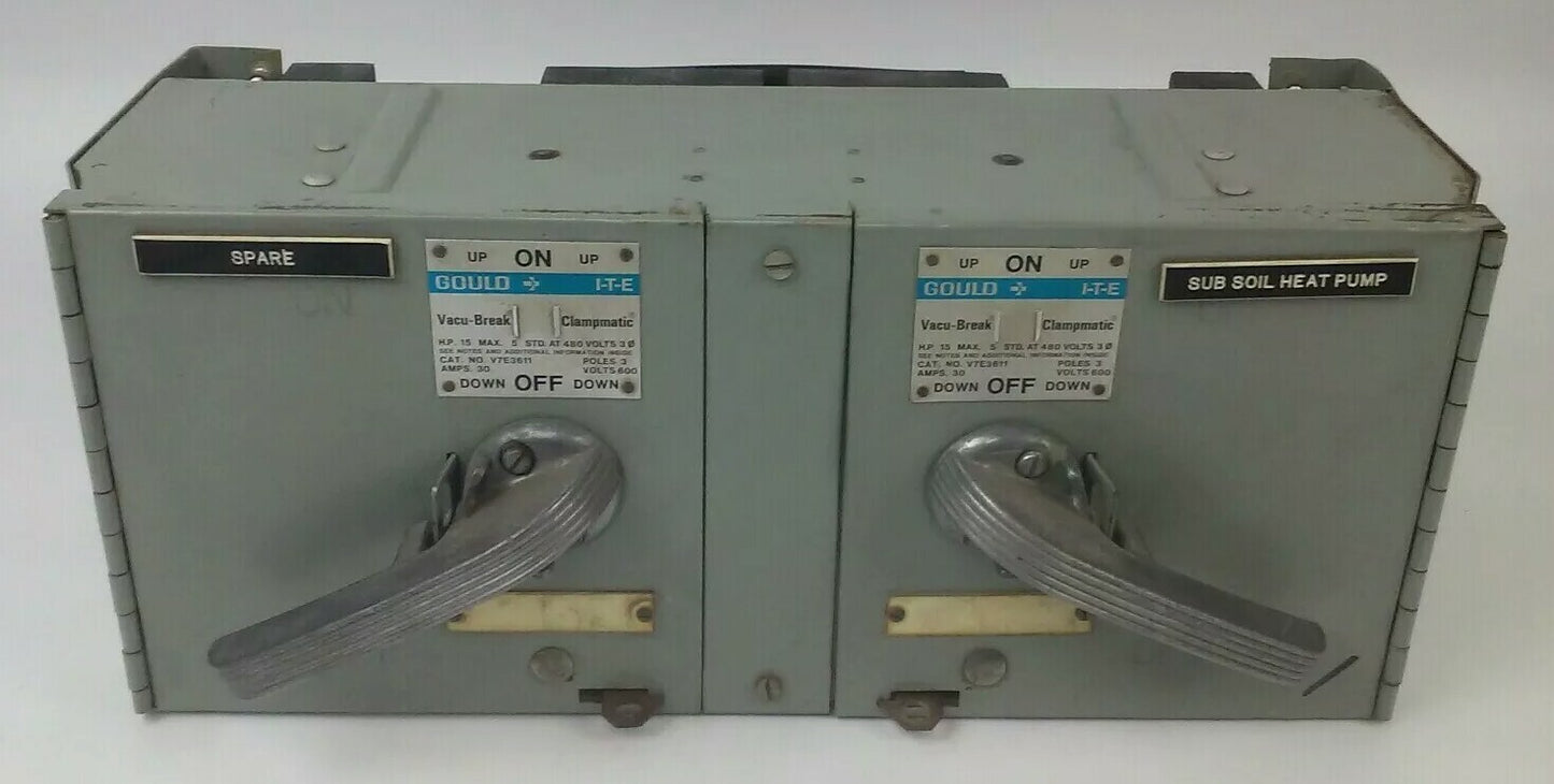 GOULD ITE V7E3611 TWIN VACU BREAK CLAMPMATIC 3P 30A 600V 15HP W/HARDWARE