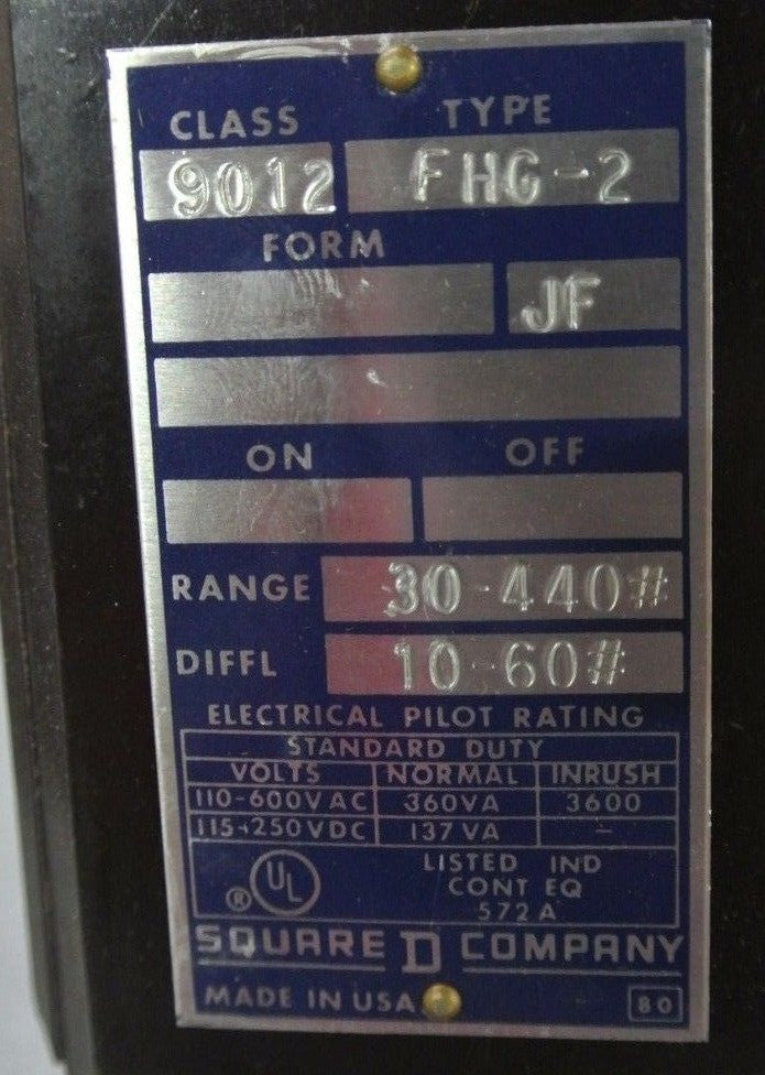 SQUARE D 9012 FHG-2 DIFFERENTIAL PRESSURE SWITCH - SET 205-215psi - NEW SURPLUS