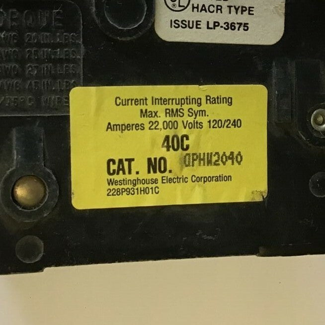 WESTINGHOUSE QPHW2040 CIRCUIT BREAKER 120/240VAC 2POLE  QUICKLAG