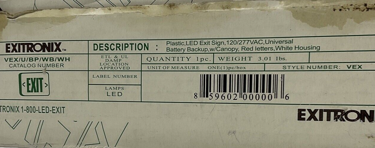 EXITRONIX VEX/U/BP/WB/WH VALUE SERIES LED EXIT SIGN 120/277VAC