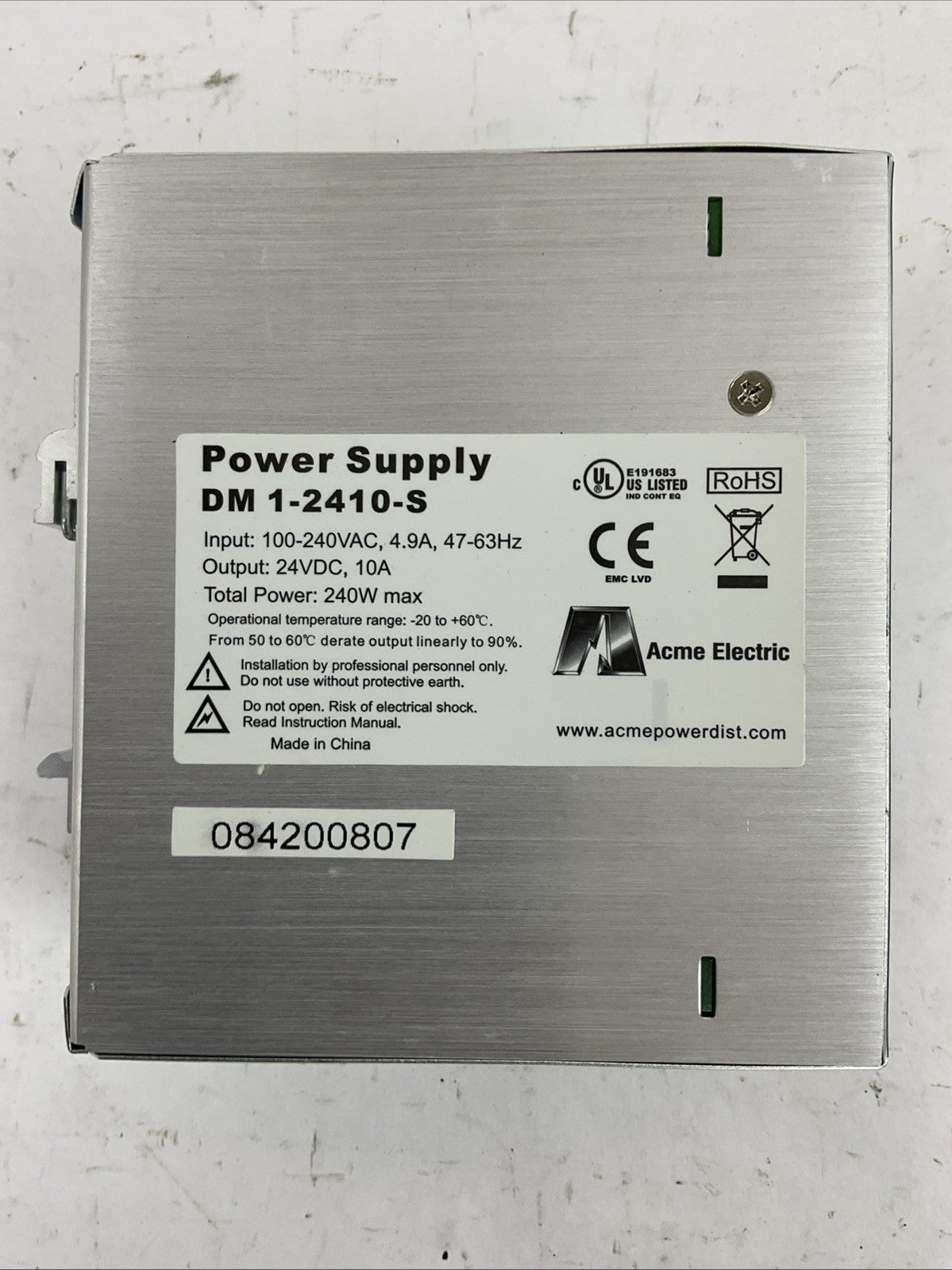 ACME ELECTRIC DM 1-2410-S POWER SUPPLY OUTPUT 24VDC 10A INPUT 100-240VAC 4.9A