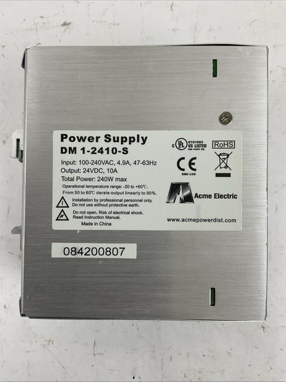 ACME ELECTRIC DM 1-2410-S POWER SUPPLY OUTPUT 24VDC 10A INPUT 100-240VAC 4.9A