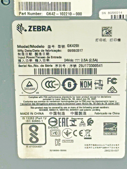 ZEBRA - GK420T - THERMAL LABEL PRINTER - USB ETHERNET - POWER CORD INCLUDED