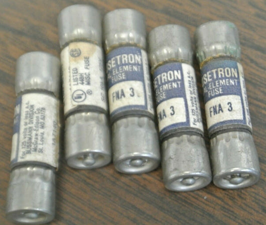 LOT of 5 / BUSS FNA-3 DUAL-ELEMENT FUSE / 3A / 125V FNA3