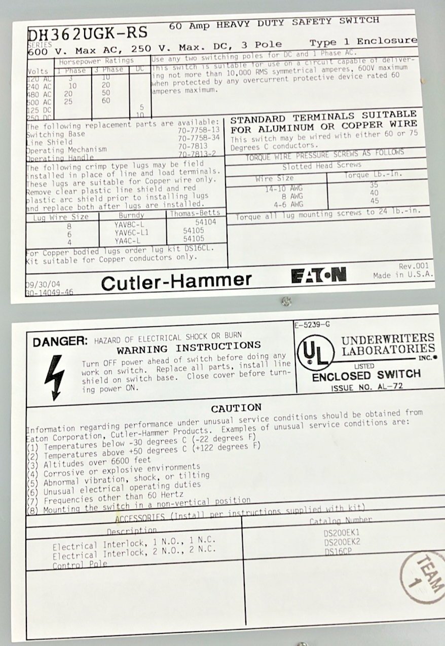 CUTLER HAMMER DH362UGK-RS HEAVY DUTY SAFETY SWITCH 60A 600V 3P NON FUSIBLE TYPE1