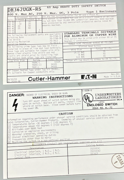 CUTLER HAMMER DH362UGK-RS HEAVY DUTY SAFETY SWITCH 60A 600V 3P NON FUSIBLE TYPE1