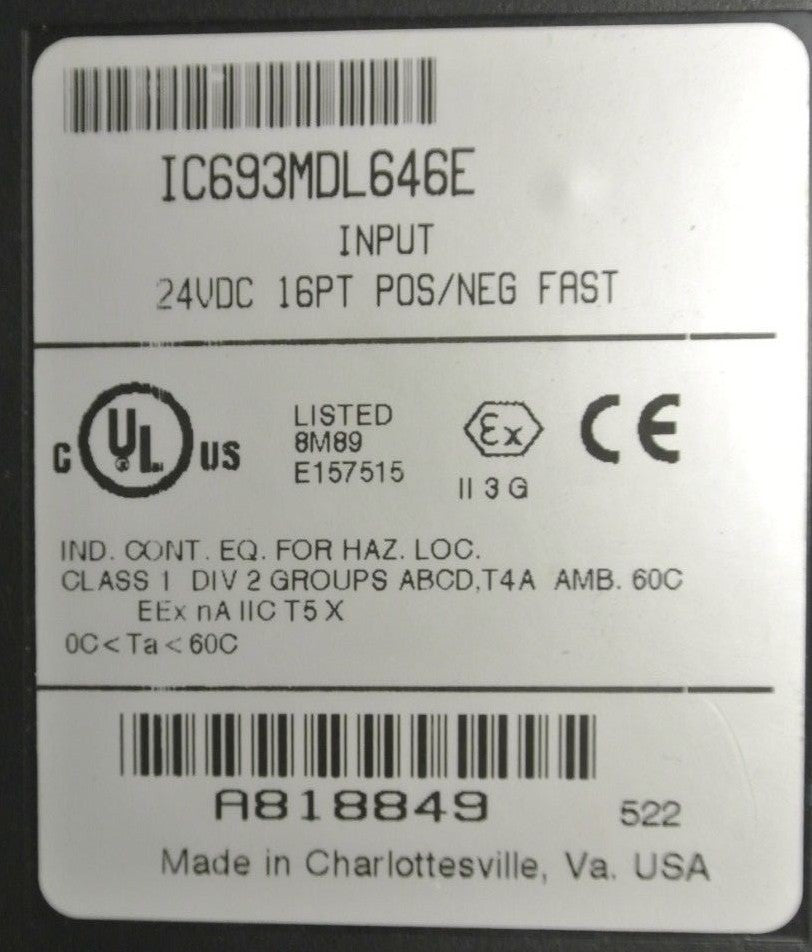 GE FANUC IC693MDL646E INPUT MODULE / 24VDC / 16PT / POS/NEG LOGIC