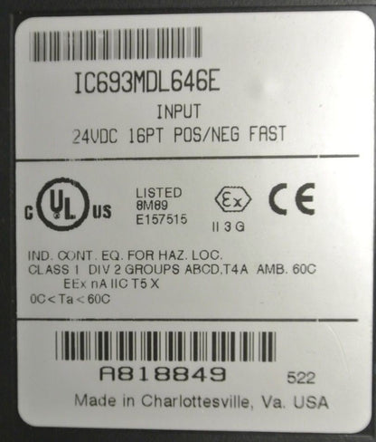 GE FANUC IC693MDL646E INPUT MODULE / 24VDC / 16PT / POS/NEG LOGIC
