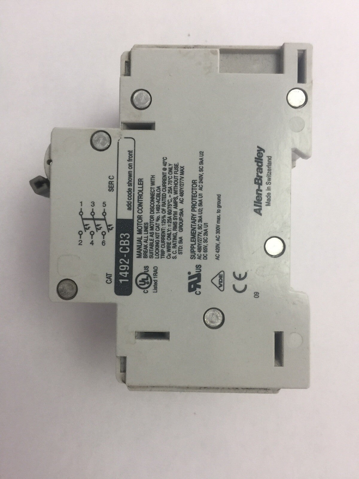 ALLEN BRADLEY 1492-CB3 MANUAL MOTOR CONTROLLER SER C 30A 20HP 480Y/277VAC 3PH