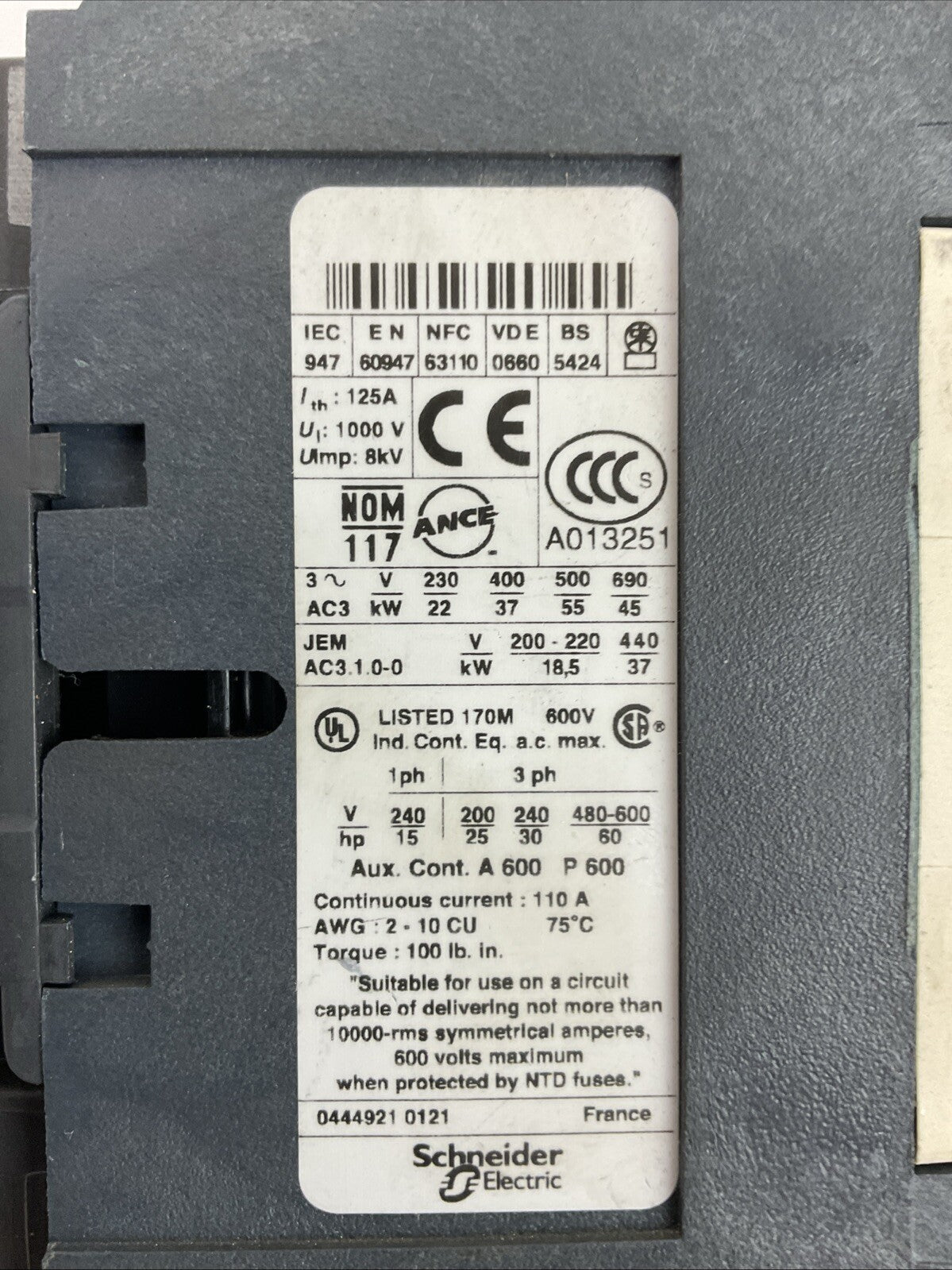 TELEMECHANIQUE STARTER (LC1 D80 CONTACTOR 600VAC 60HP COIL 120V + LRD33 48-65A)