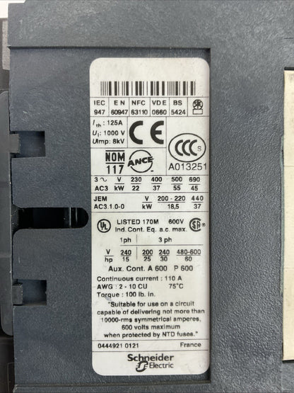 TELEMECHANIQUE STARTER (LC1 D80 CONTACTOR 600VAC 60HP COIL 120V + LRD33 48-65A)