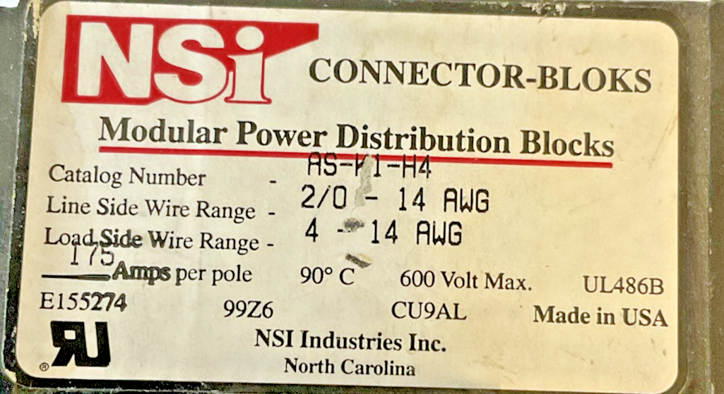 NSI AS-K1-H4 MODULAR POWER DISTRIBUTION BLOCK 350MCM 600V 2/0-14AWG