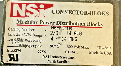 NSI AS-K1-H4 MODULAR POWER DISTRIBUTION BLOCK 350MCM 600V 2/0-14AWG