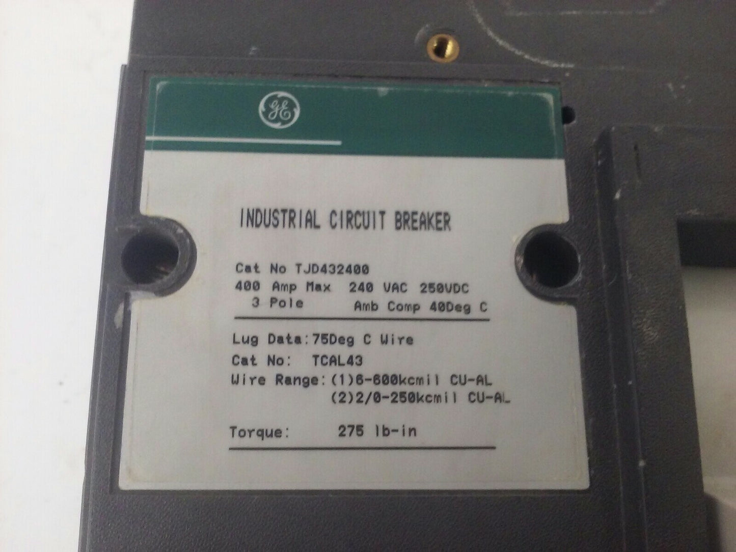 GENERAL ELECTRIC TJD432400 CIRCUIT BREAKER TRIP UNIT 400A 240VAC/250VDC 3P 22KA