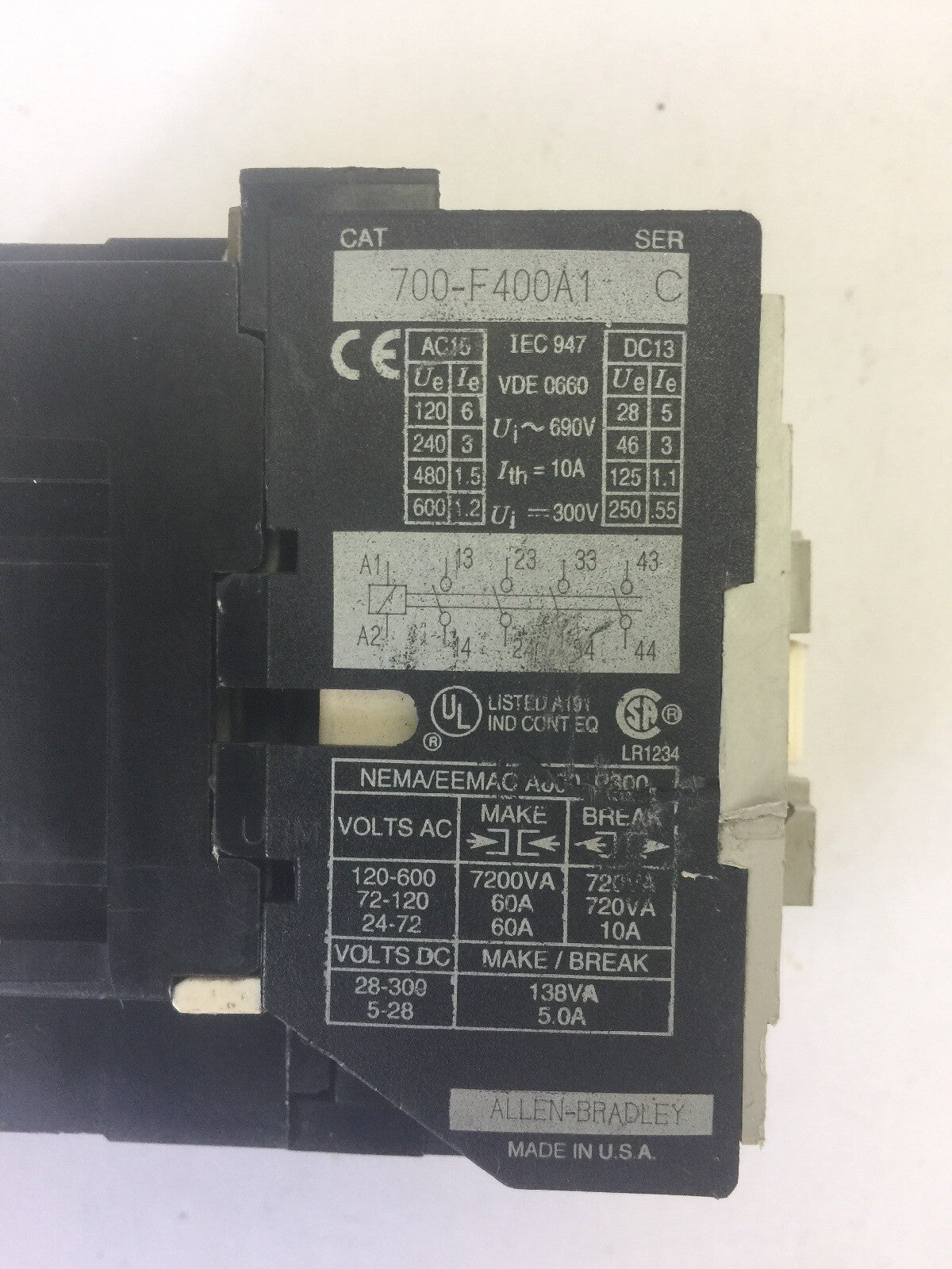 ALLEN BRADLEY 700-F400A1 CONTACTOR SER C HA473 COIL 120V 60HZ 110V 50HZ