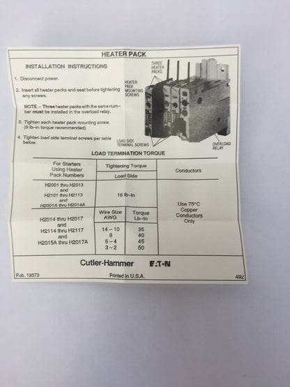 CUTLER HAMMER H2001A-3 FREEDOM SERIES HEATER PACK (SET OF THREE) .254-.377