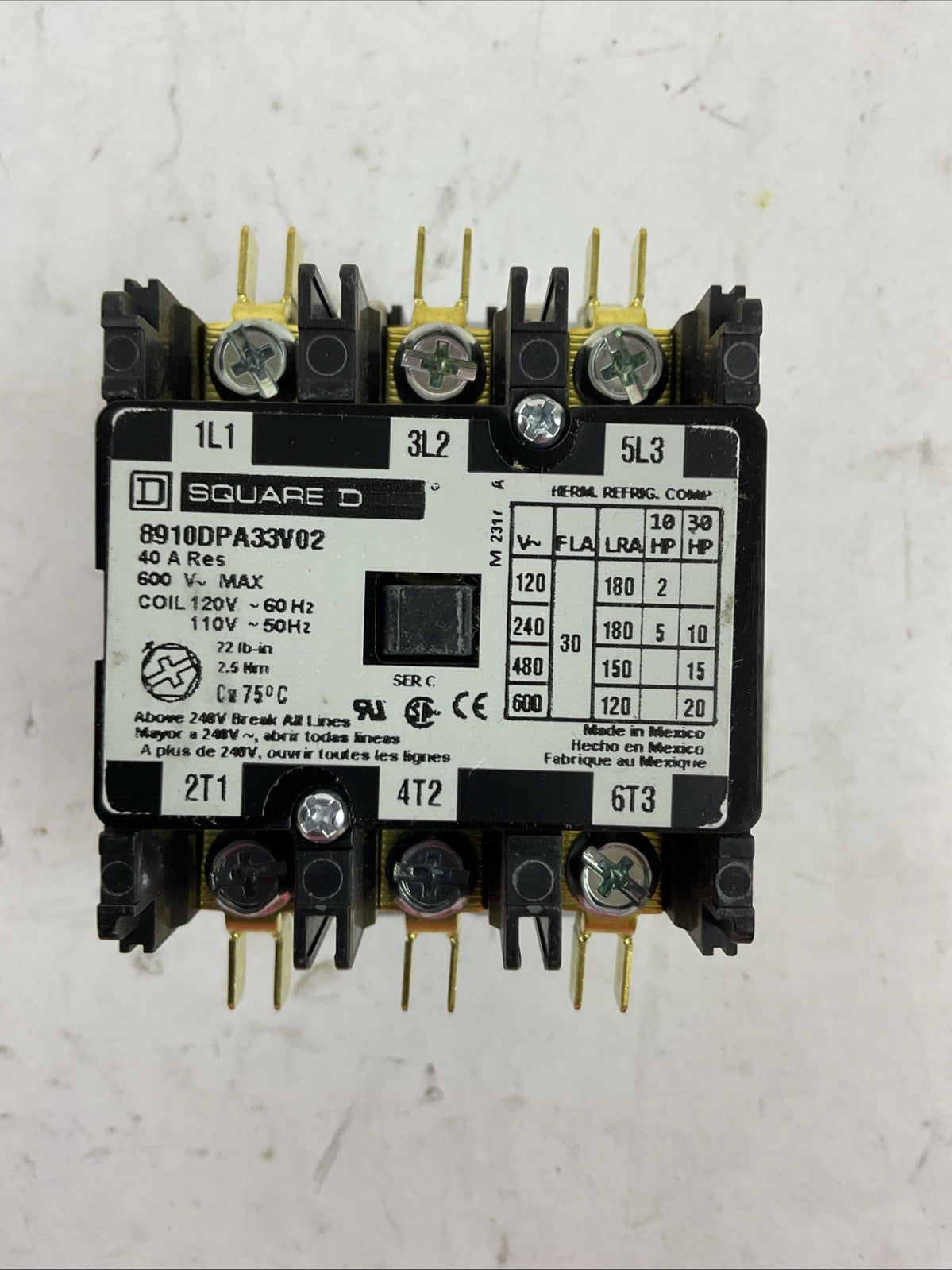 SQUARE D 8910DPA33V02 CONTACTOR 40A RES 600VAC COIL 120VAC 60HZ 110VAC 50HZ 20HP