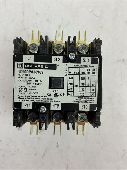SQUARE D 8910DPA33V02 CONTACTOR 40A RES 600VAC COIL 120VAC 60HZ 110VAC 50HZ 20HP