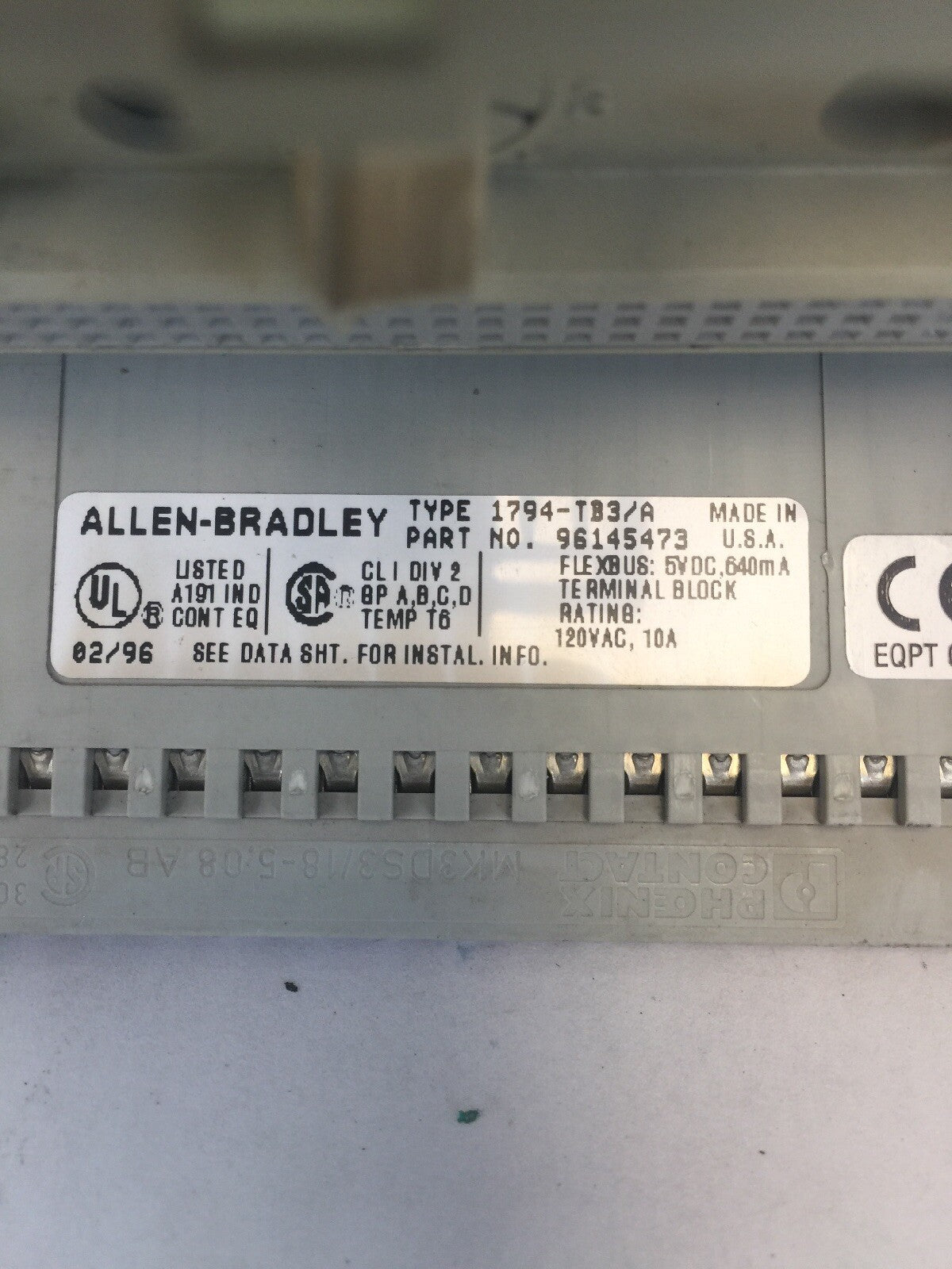 ALLEN BRADLEY 1794-TB3/A FLEX I/O TERMINAL BLOCK 5VDC 640mA